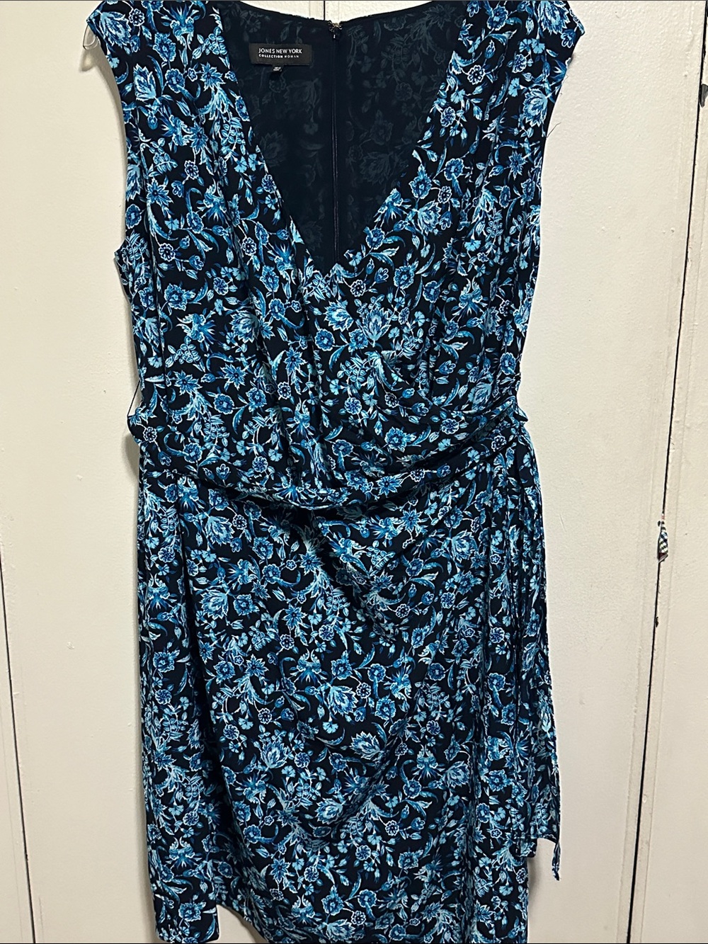 Jones New York Navy and Light Blue Floral Faux Wrap Midi Dress